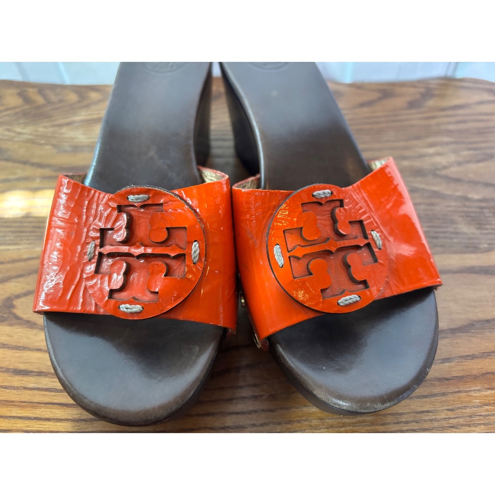 Tory Burch Women's Orange‎ Patent Leather Logo Clog Platform Wedge Slides size 6